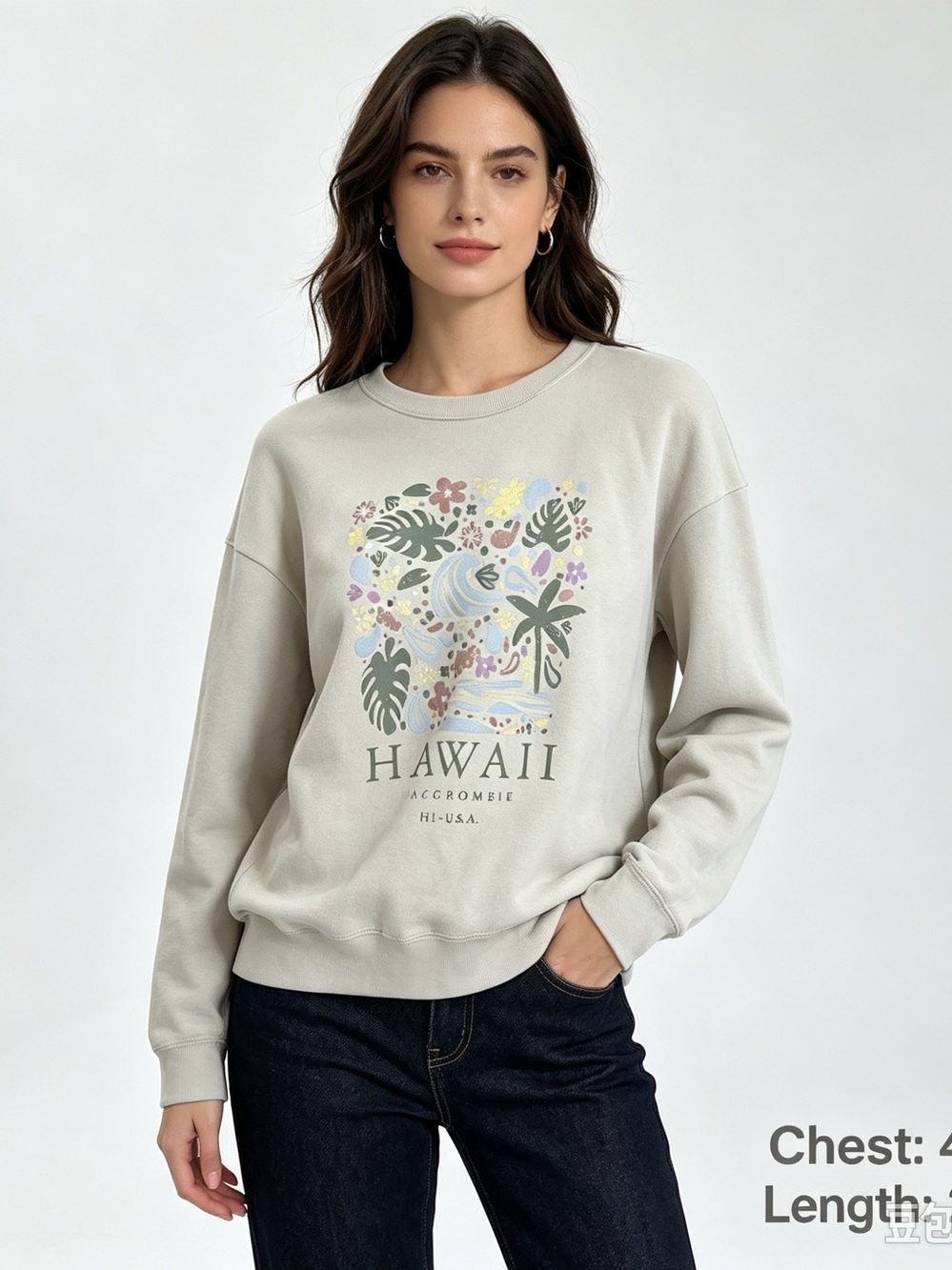 Abercrombie Hawaii Graphic Crewneck Fleece Pullover Sweatshirt Beige (Women M)